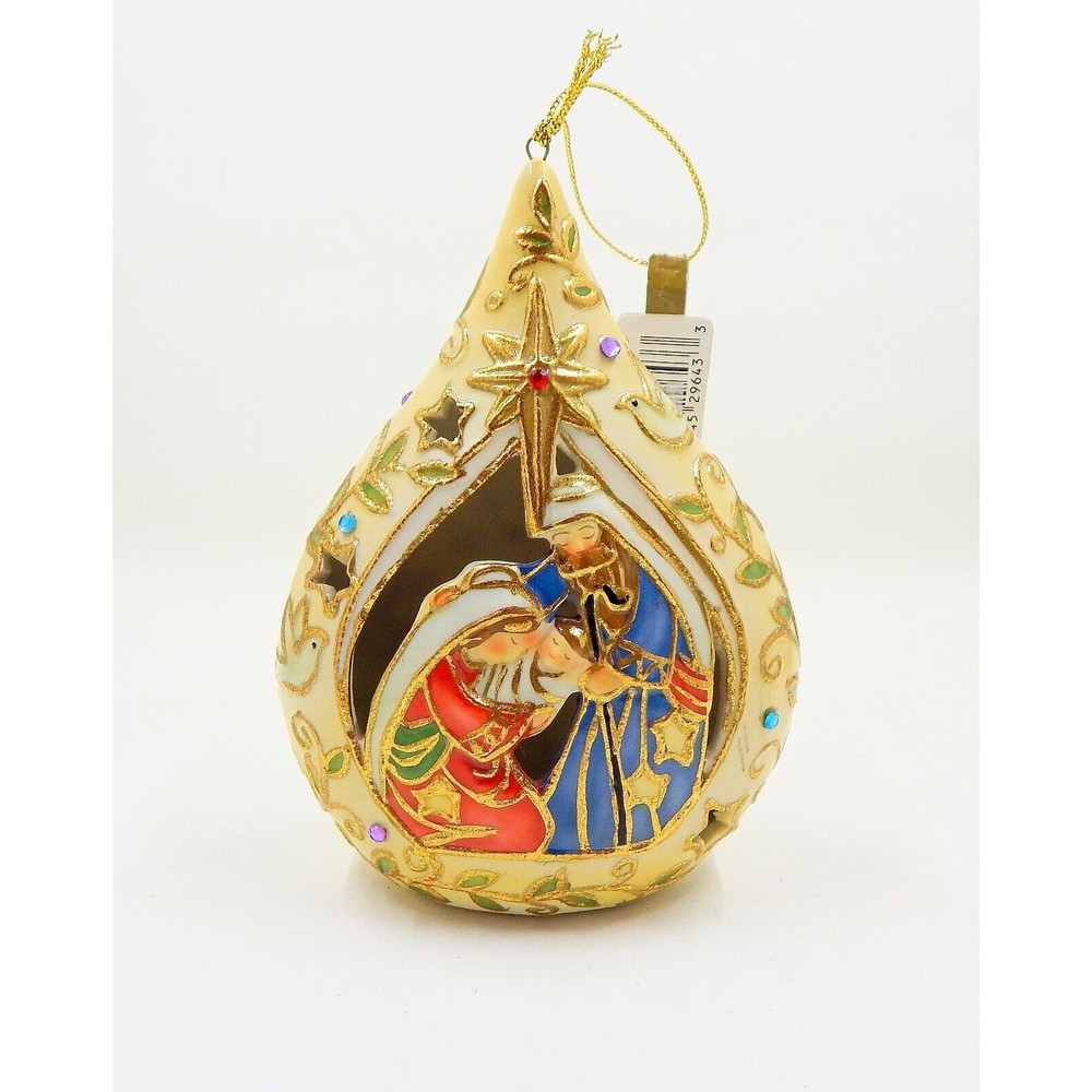 Roman Inc Porcelain Nativity Scene Ornament Jesus Mary Joseph 5 Inch Gold Accent